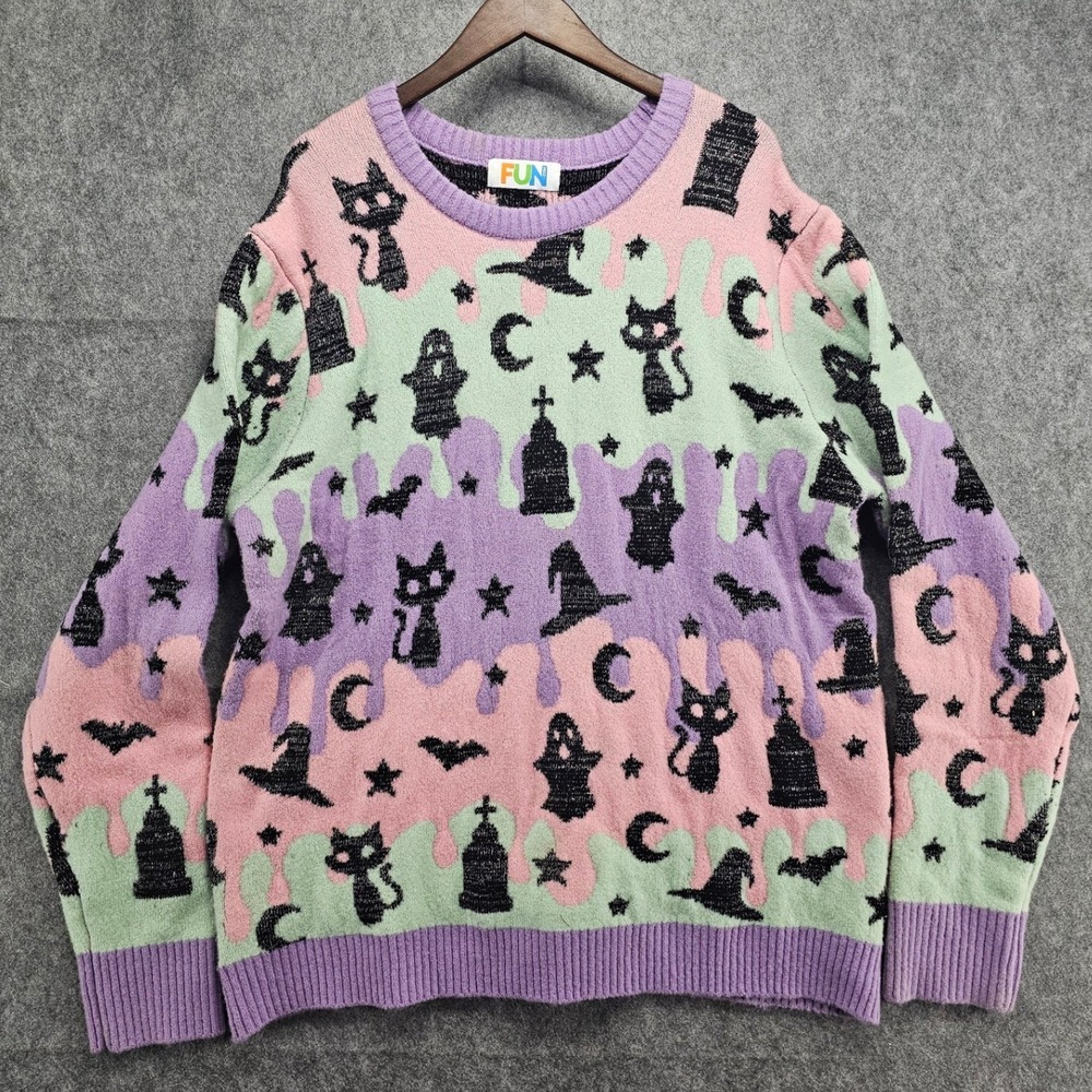 Fun.com Pastel Goth Halloween Slime Sweater XL Black Cats Ghosts Bats Spooky